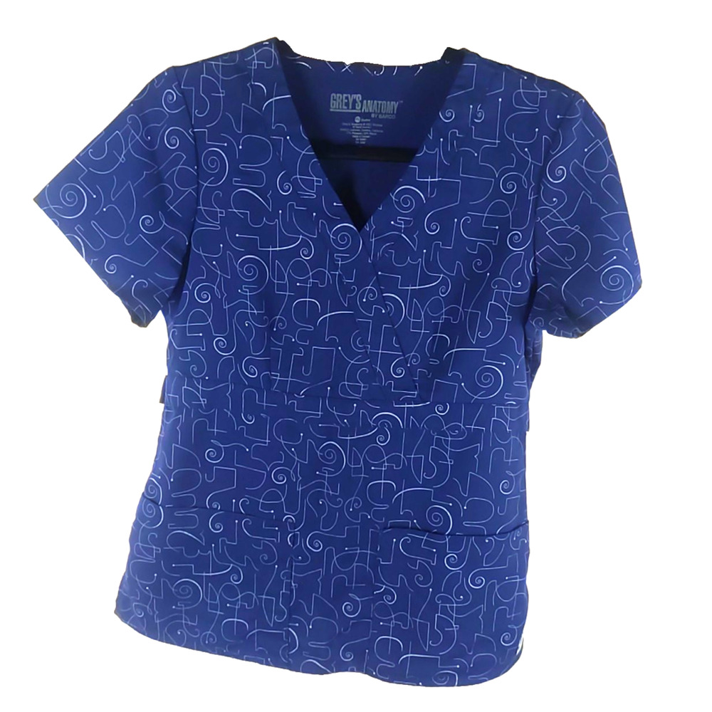 Grey's Anatomy Women's Scrub Top Size Small Navy Blue White Lines Swirls Art...